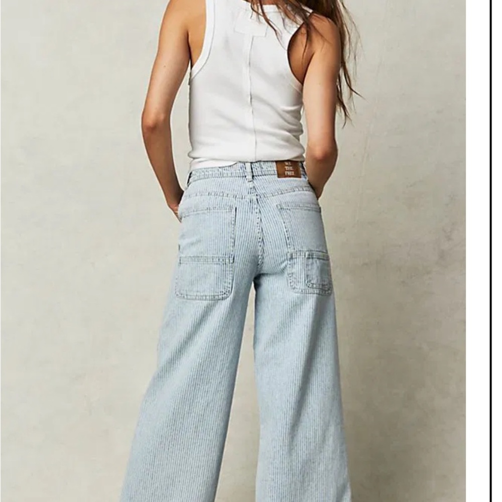 BNWOT Free People We The Free Striped Blue Denim Wide Leg Denim